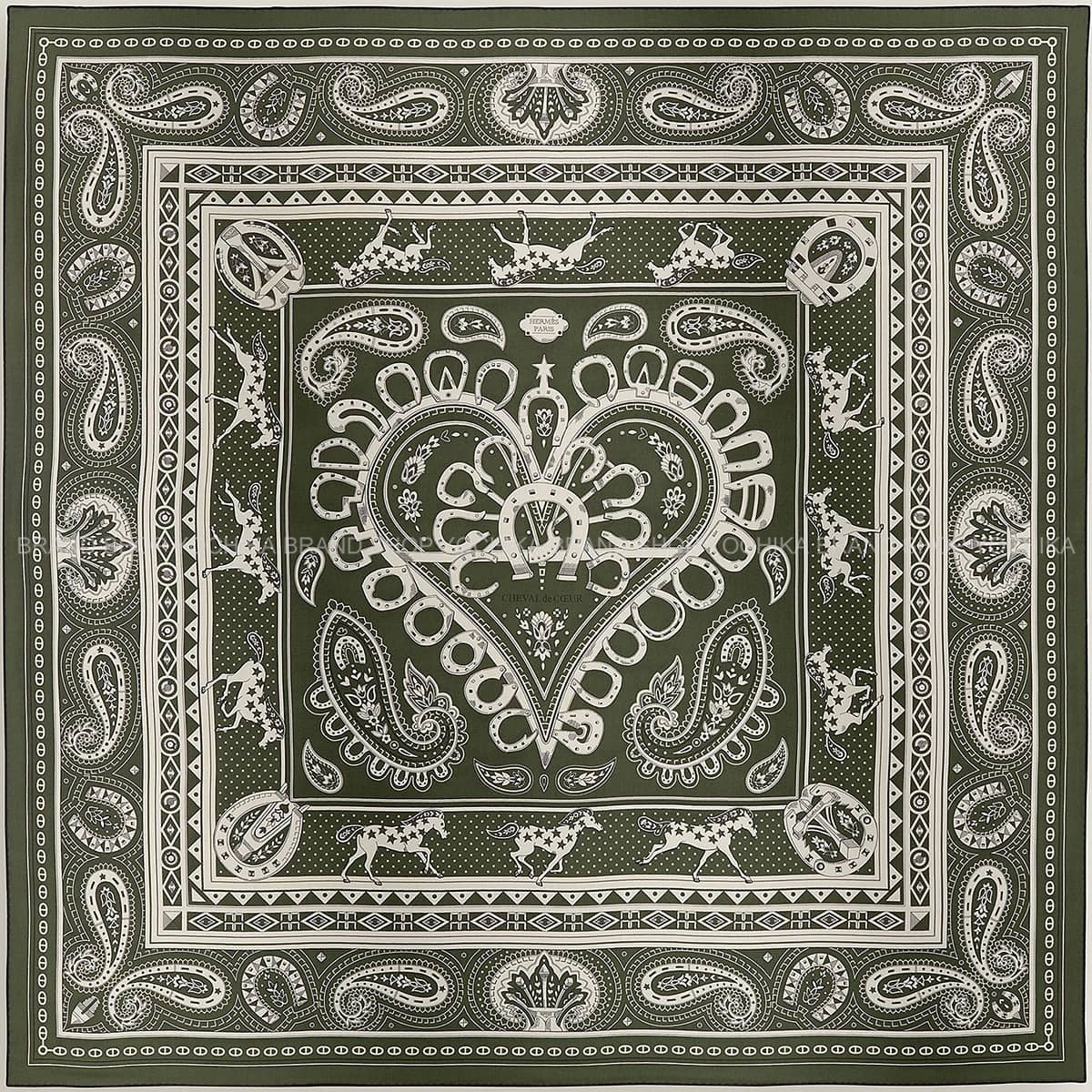 HERMES scarf Carre 140 CHEVAL de COEUR BandanaKhaki Fonce/White/Black Cashmere/Silk[BRAND NEW][Authentic]