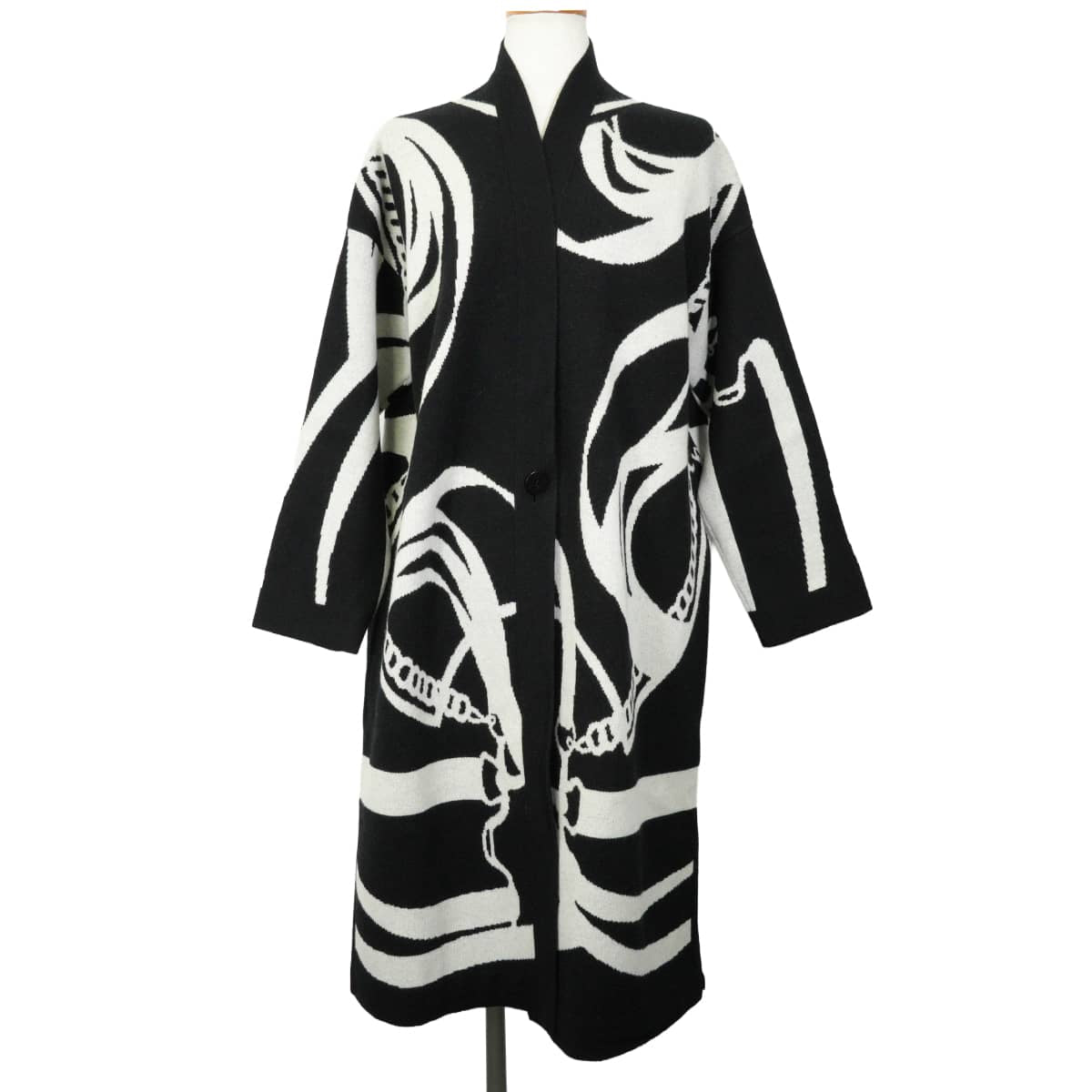 2022AW HERMES Cardigan Women's knit long La Promenade du Matin Noir (Black)/Blanc (White) Cashmere #34 2H2105D2[EXCELLENT][Authentic]