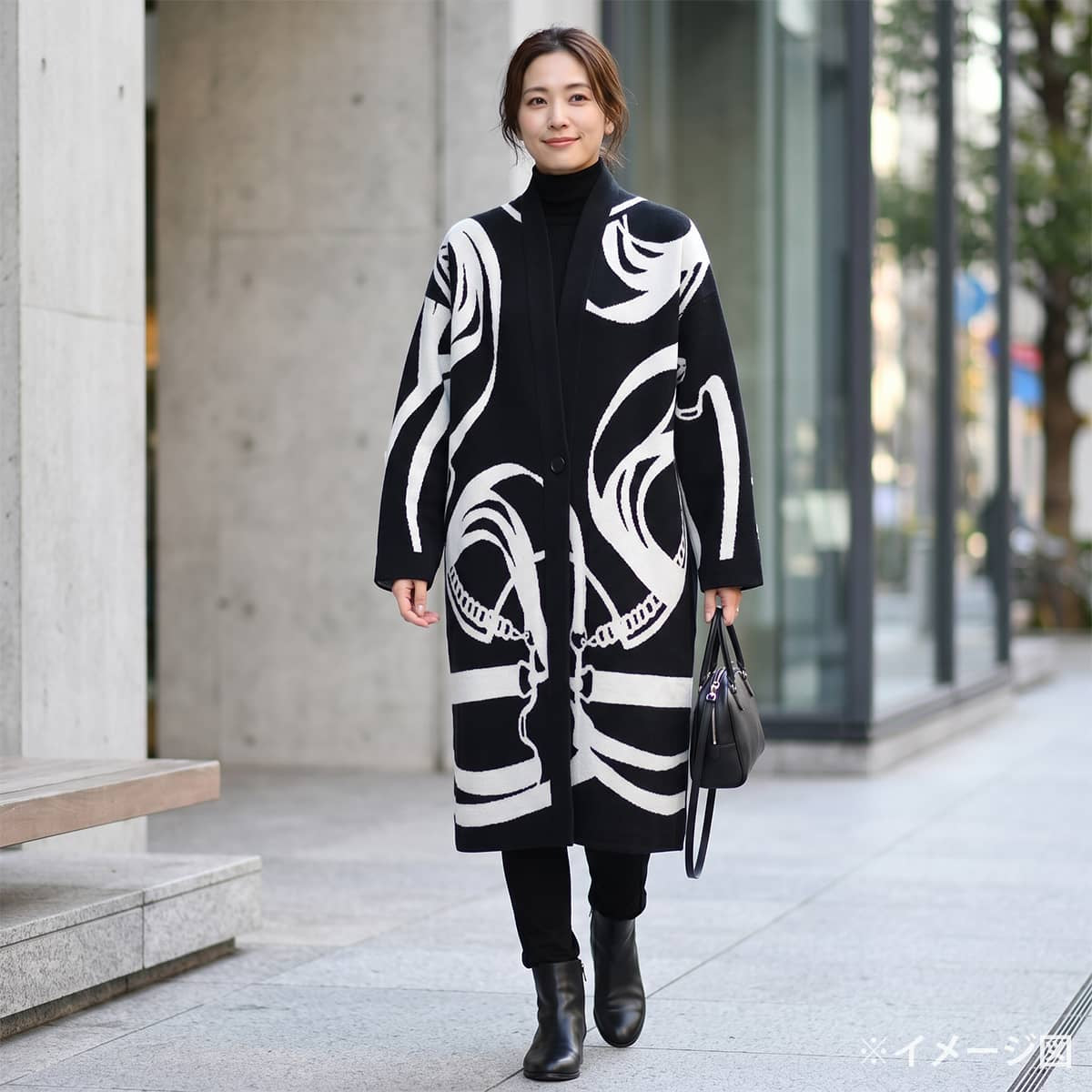 2022AW HERMES Cardigan Women's knit long La Promenade du Matin Noir (Black)/Blanc (White) Cashmere #34 2H2105D2[EXCELLENT][Authentic]