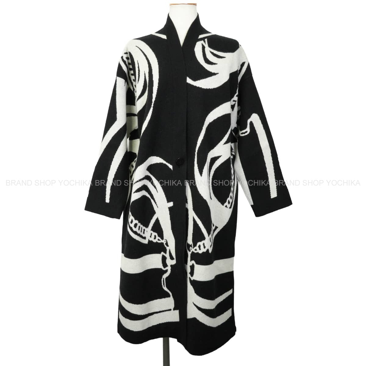 2022AW HERMES Cardigan Women's knit long La Promenade du Matin Noir (Black)/Blanc (White) Cashmere #34 2H2105D2[EXCELLENT][Authentic]