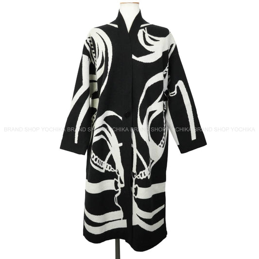 2022AW HERMES Cardigan Women's knit long La Promenade du Matin Noir (Black)/Blanc (White) Cashmere #34 2H2105D2[EXCELLENT][Authentic]