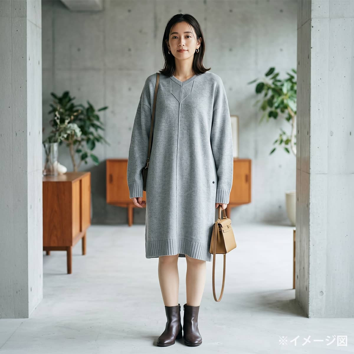2018AW HERMES One‐piece dress Women's V-neck dress with H charm Grey Cashmere #44[EXCELLENT][Authentic]