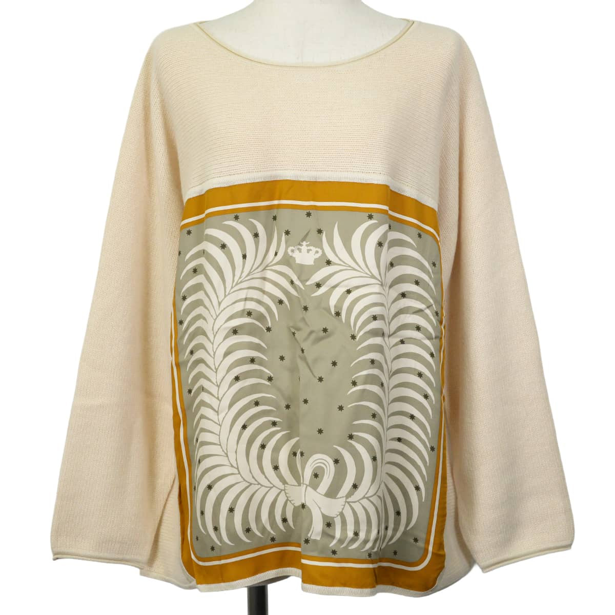 HERMES Sweater Women's Twillaine Long-Sleeve Sweater Boat Neck King Tiger Ivory Cashmere Mohair/Cotton #44[EXCELLENT][Authentic]