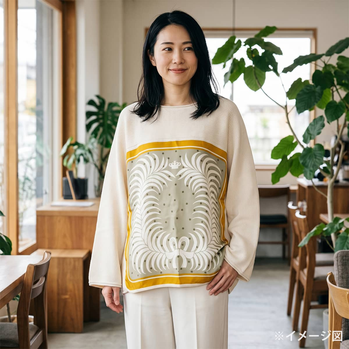 HERMES Sweater Women's Twillaine Long-Sleeve Sweater Boat Neck King Tiger Ivory Cashmere Mohair/Cotton #44[EXCELLENT][Authentic]