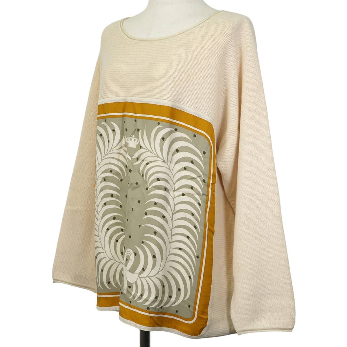 HERMES Sweater Women's Twillaine Long-Sleeve Sweater Boat Neck King Tiger Ivory Cashmere Mohair/Cotton #44[EXCELLENT][Authentic]