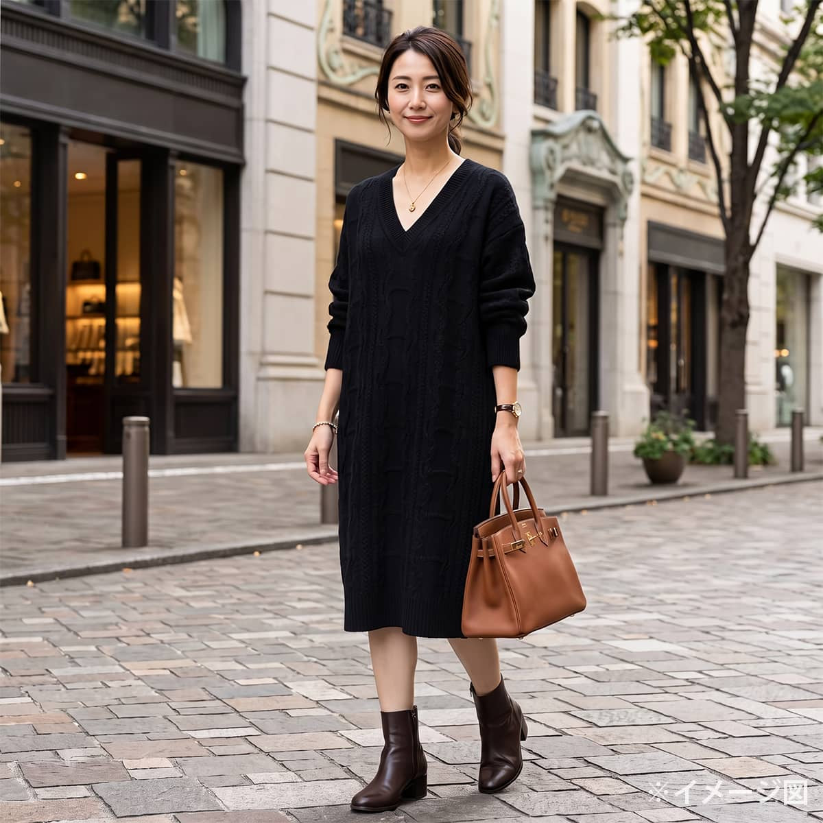 HERMES One‐piece dress Women's V-neck dress with horsebit detail Chaine d'Ancre design Noir (Black) Wool/Cashmere ＃44 2H2509D6[EXCELLENT][Authentic]