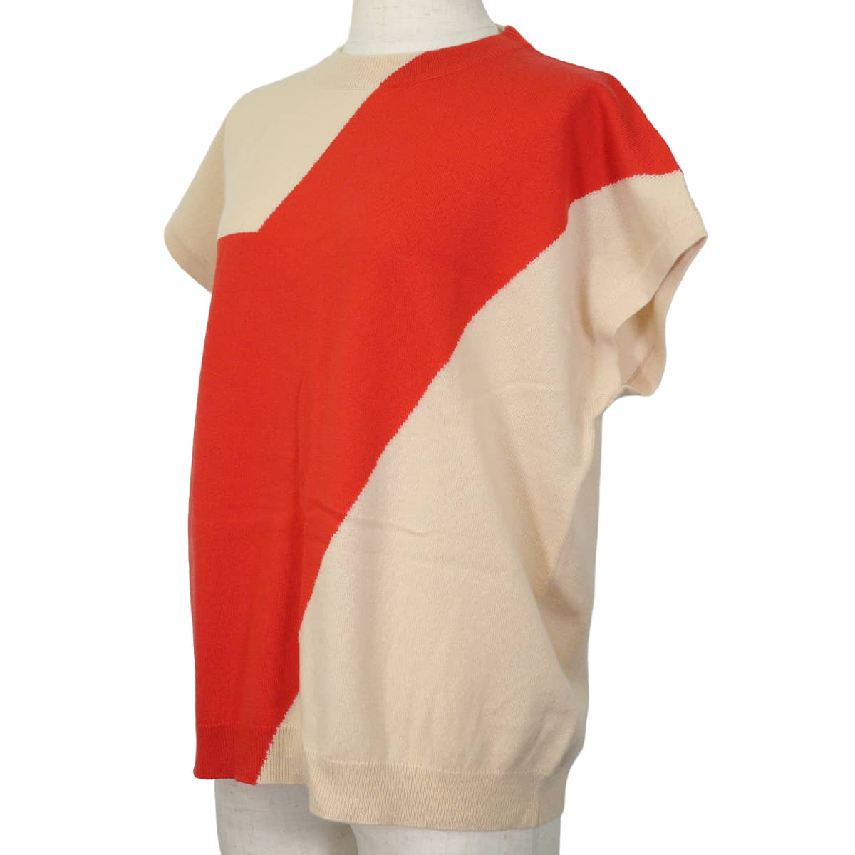 HERMES Knit Women's short-sleeved knit top color block Beige/Orange Cashmere #42[EXCELLENT][Authentic]