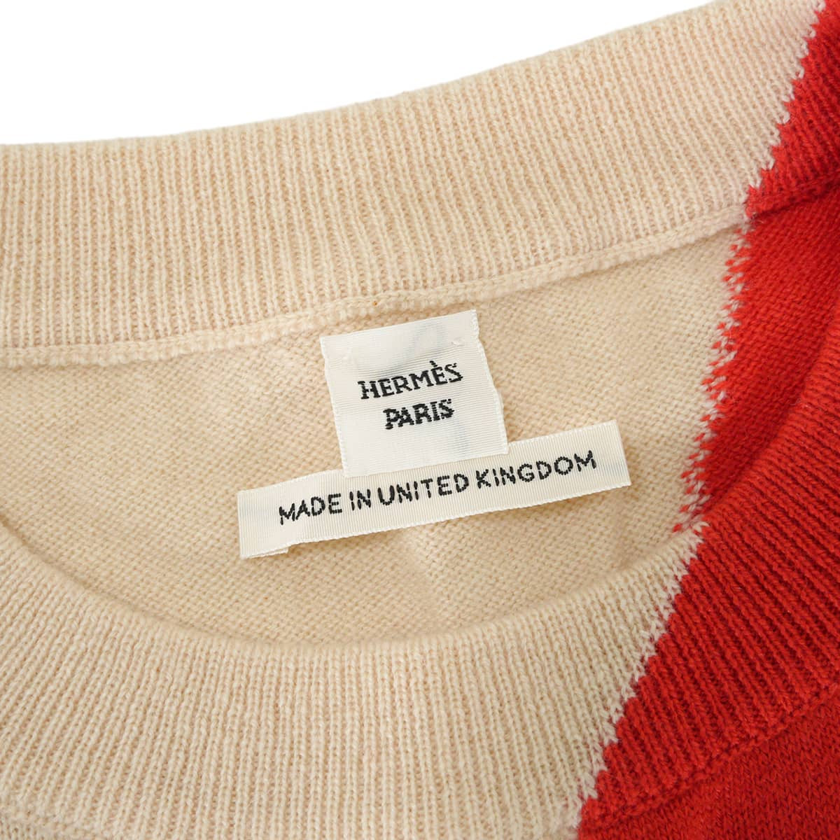 HERMES Knit Women's short-sleeved knit top color block Beige/Orange Cashmere #42[EXCELLENT][Authentic]