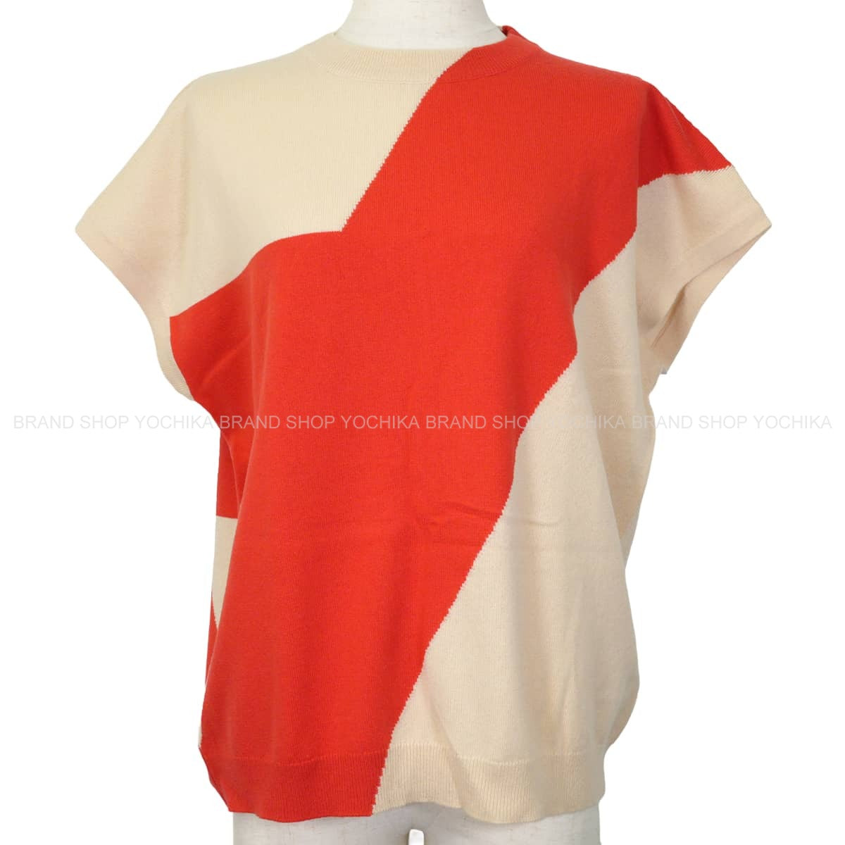 HERMES Knit Women's short-sleeved knit top color block Beige/Orange Cashmere #42[EXCELLENT][Authentic]