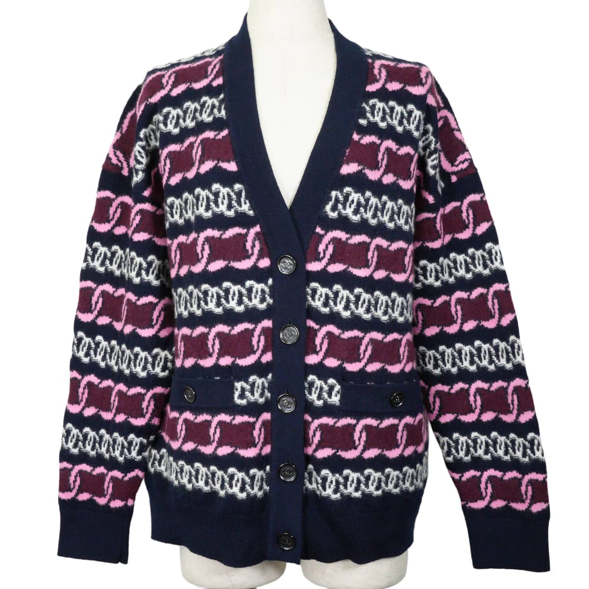 2023AW CHANEL Cardigan Long-sleeved COCO Mark chain pattern Navy/Blanc (White)/Pink Cashmere #38 P75774[EXCELLENT][Authentic]
