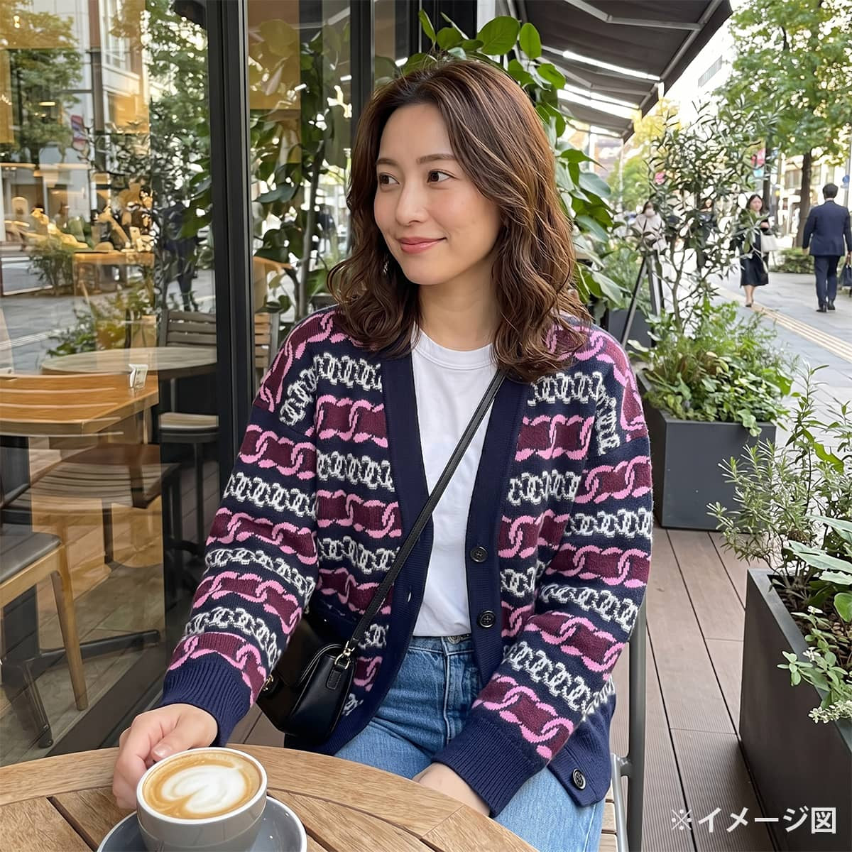 2023AW CHANEL Cardigan Long-sleeved COCO Mark chain pattern Navy/Blanc (White)/Pink Cashmere #38 P75774[EXCELLENT][Authentic]