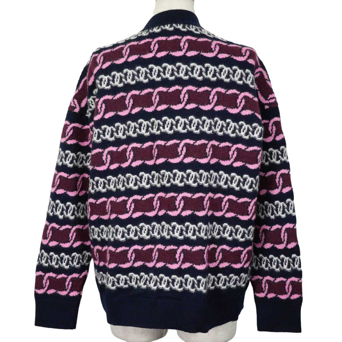2023AW CHANEL Cardigan Long-sleeved COCO Mark chain pattern Navy/Blanc (White)/Pink Cashmere #38 P75774[EXCELLENT][Authentic]