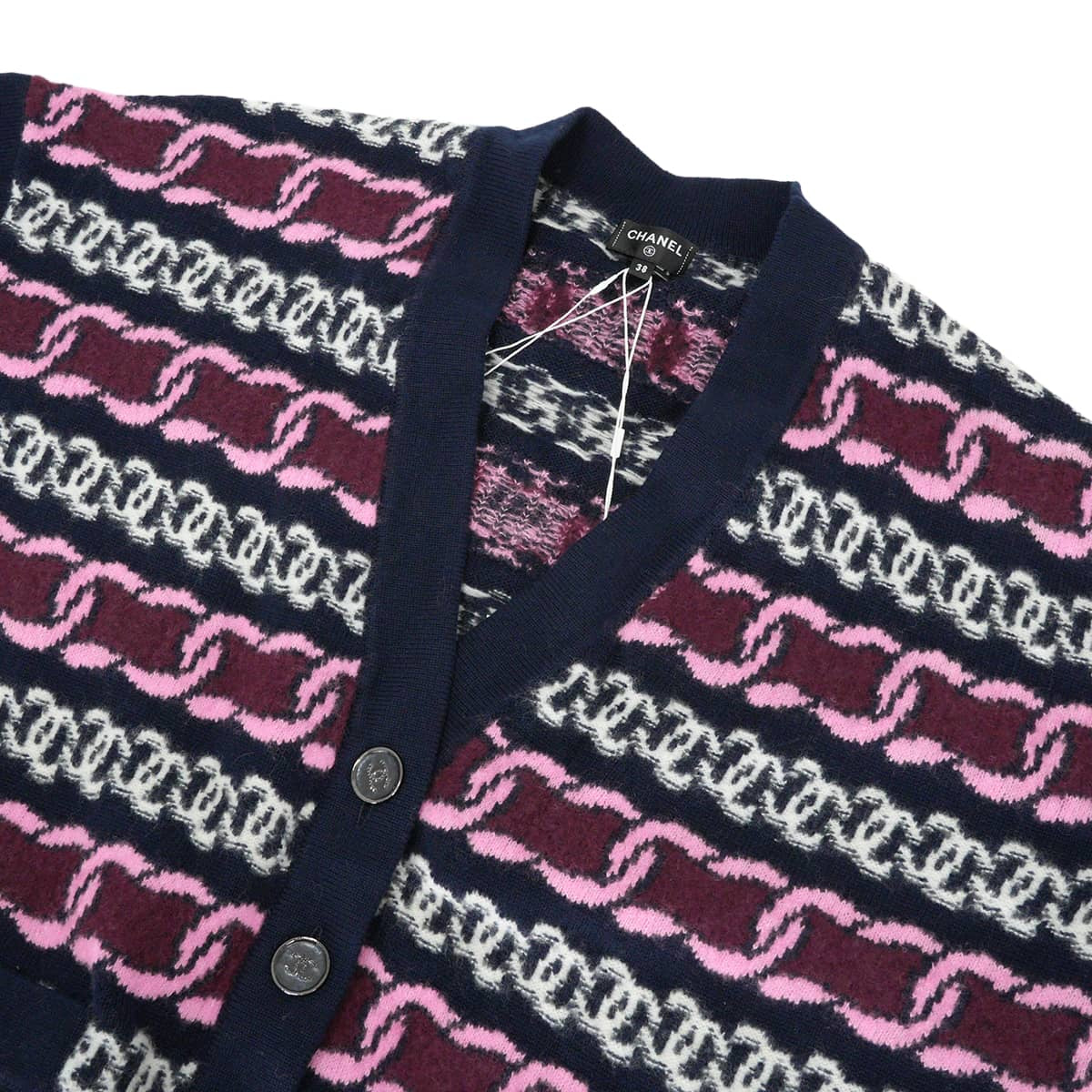 2023AW CHANEL Cardigan Long-sleeved COCO Mark chain pattern Navy/Blanc (White)/Pink Cashmere #38 P75774[EXCELLENT][Authentic]