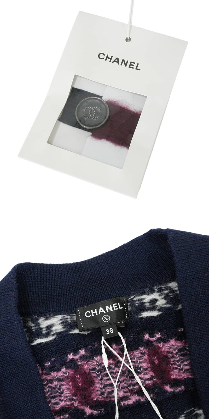 2023AW CHANEL Cardigan Long-sleeved COCO Mark chain pattern Navy/Blanc (White)/Pink Cashmere #38 P75774[EXCELLENT][Authentic]