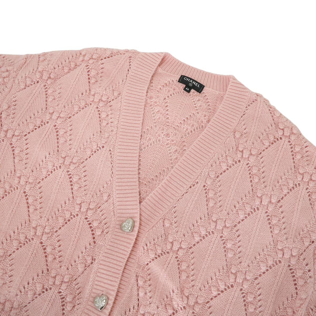 2021AW CHANEL Cardigan Women's long-sleeved COCO Mark heart rhinestone buttonsLight pink Silk/Cashmere #44 Silver HW P71400[EXCELLENT][Authentic]