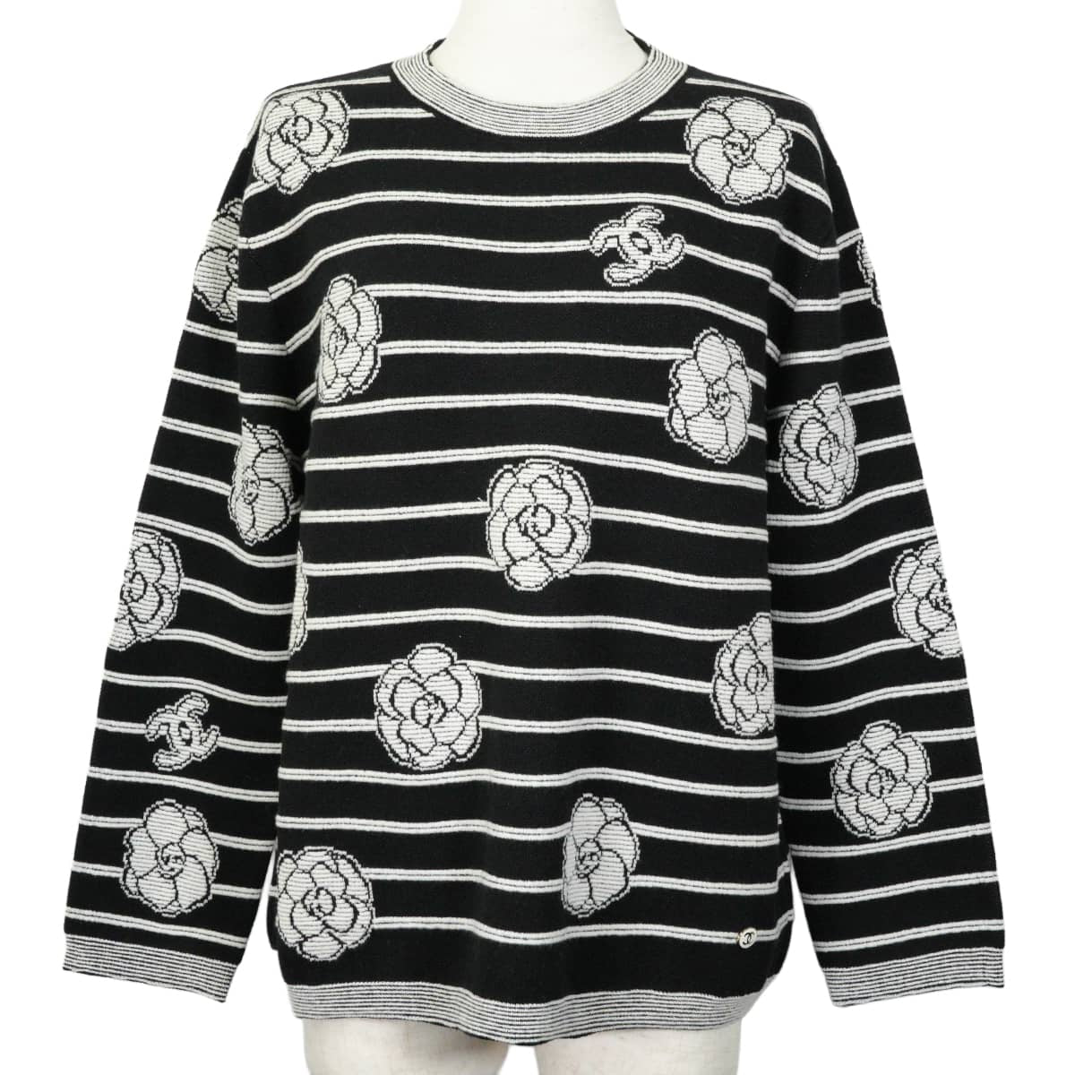2023AW CHANEL Knit crew neck striped top COCO Mark camellia Noir (Black)/Blanc (White) Cashmere Polyamide/Elasthanne #40 P76027[EXCELLENT][Authentic]