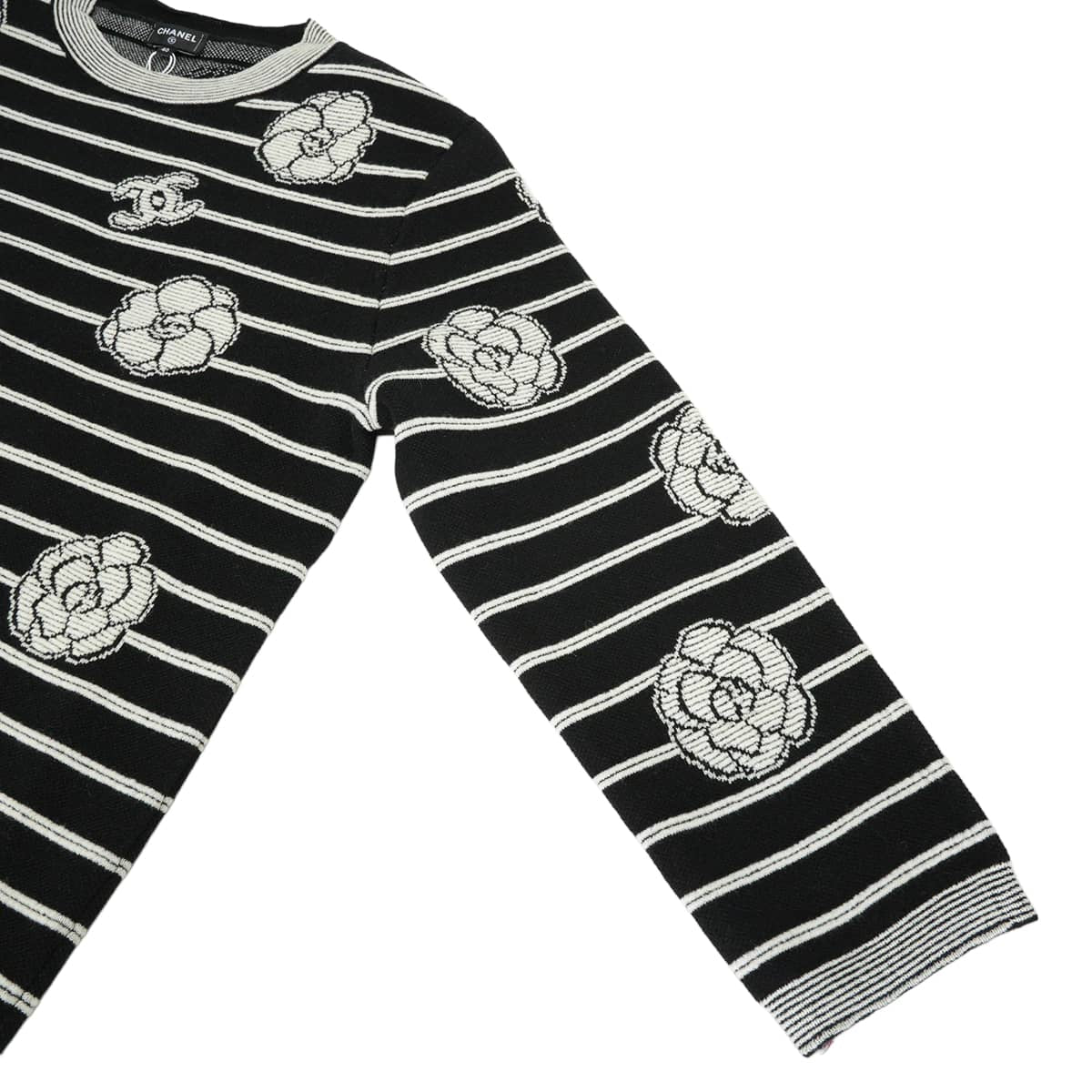 2023AW CHANEL Knit crew neck striped top COCO Mark camellia Noir (Black)/Blanc (White) Cashmere Polyamide/Elasthanne #40 P76027[EXCELLENT][Authentic]