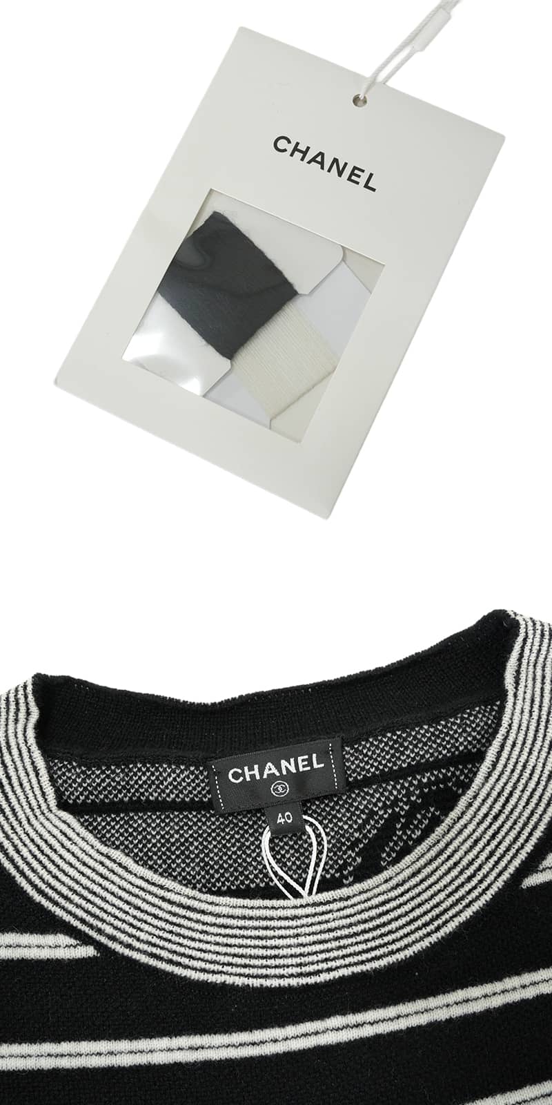 2023AW CHANEL Knit crew neck striped top COCO Mark camellia Noir (Black)/Blanc (White) Cashmere Polyamide/Elasthanne #40 P76027[EXCELLENT][Authentic]