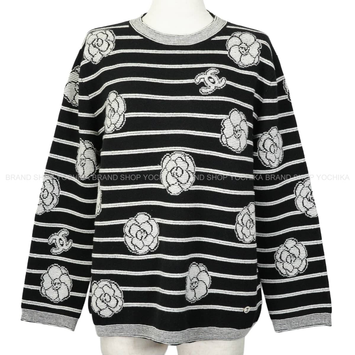 2023AW CHANEL Knit crew neck striped top COCO Mark camellia Noir (Black)/Blanc (White) Cashmere Polyamide/Elasthanne #40 P76027[EXCELLENT][Authentic]