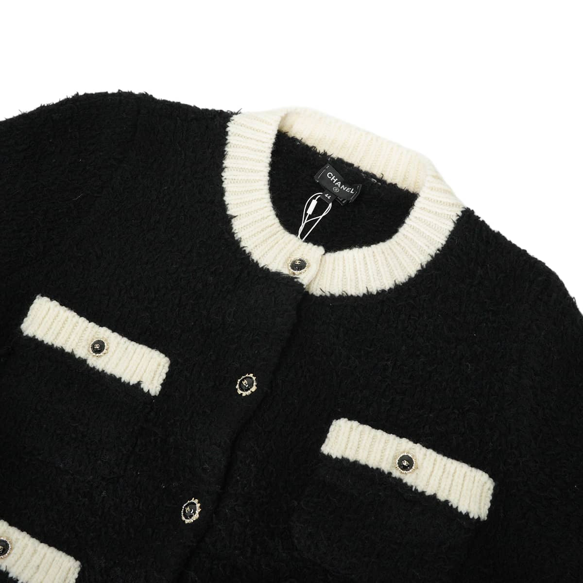 [Pre-loved] 2025 Pret-a-porter Collection CHANEL Cardigan Women's Jacket COCO Mark Rhinestone Buttons Two-Tone Noir (Black)/Blanc (White) Wool/Polyester #44 P80705[LIKE NEW][Authentic]