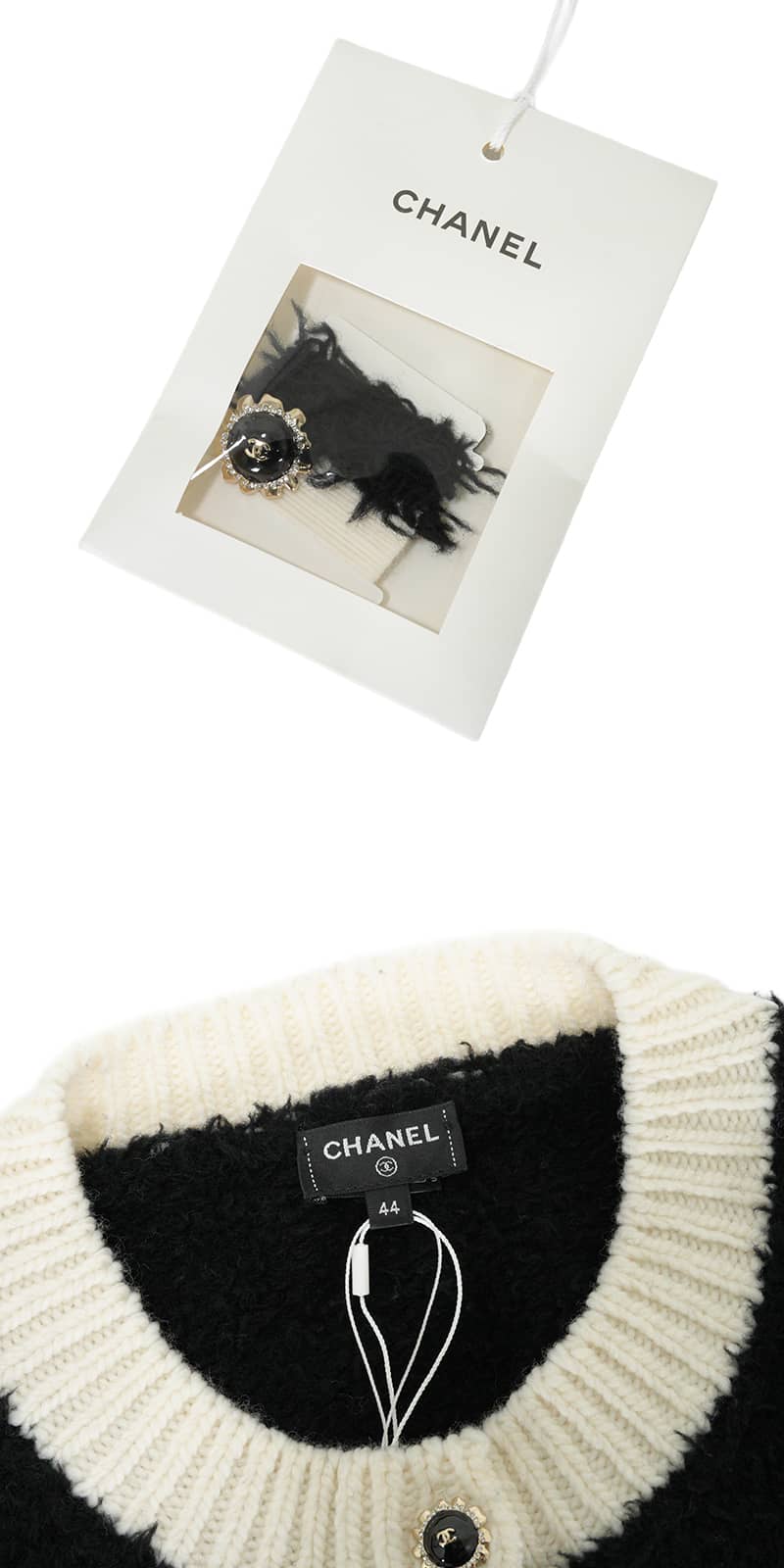 [Pre-loved] 2025 Pret-a-porter Collection CHANEL Cardigan Women's Jacket COCO Mark Rhinestone Buttons Two-Tone Noir (Black)/Blanc (White) Wool/Polyester #44 P80705[LIKE NEW][Authentic]