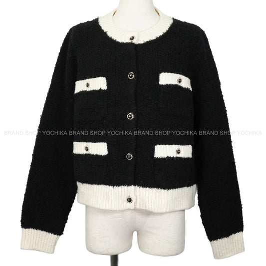 [Pre-loved] 2025 Pret-a-porter Collection CHANEL Cardigan Women's Jacket COCO Mark Rhinestone Buttons Two-Tone Noir (Black)/Blanc (White) Wool/Polyester #44 P80705[LIKE NEW][Authentic]