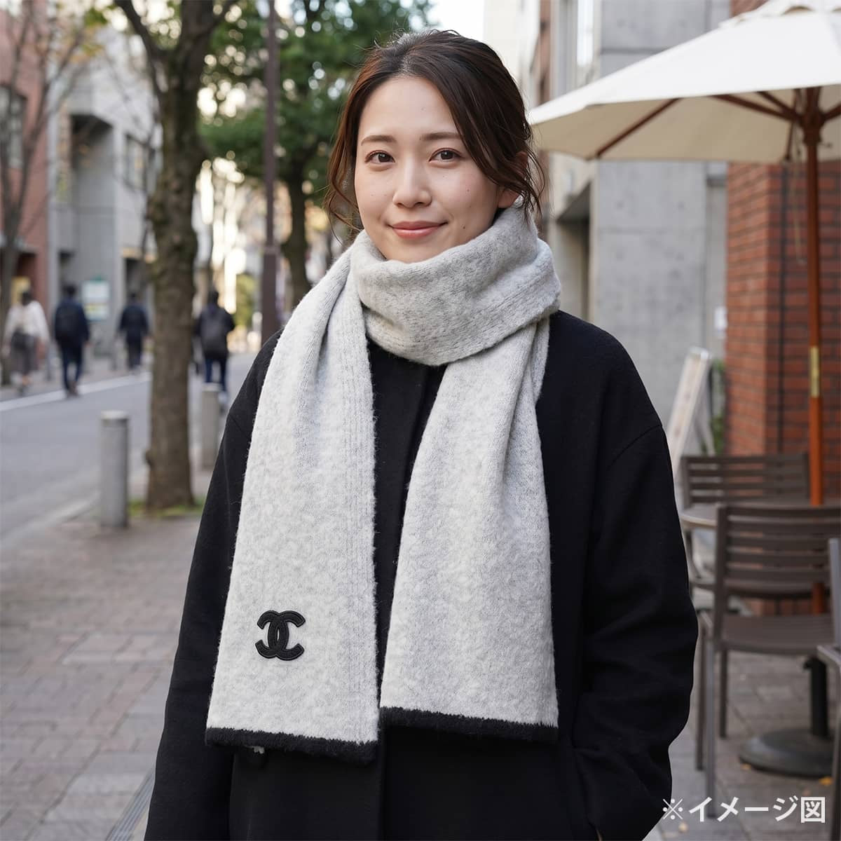 CHANEL muffler COCO Mark patch Two-tone Grey/Noir (Black) Cashmere/Silk AA8517[EXCELLENT][Authentic]