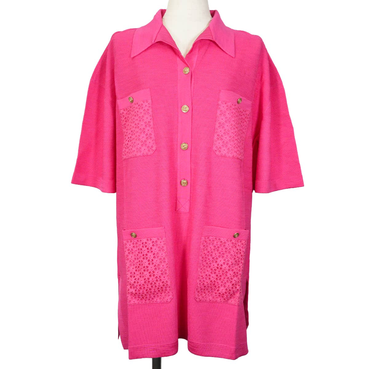 2021SS CHANEL One‐piece dress short-sleeved tunic dress COCO Mark logo buttons lace pockets Pink Viscose/Nylon/Polyurethane #42 Gold HW P70430[EXCELLENT][Authentic]