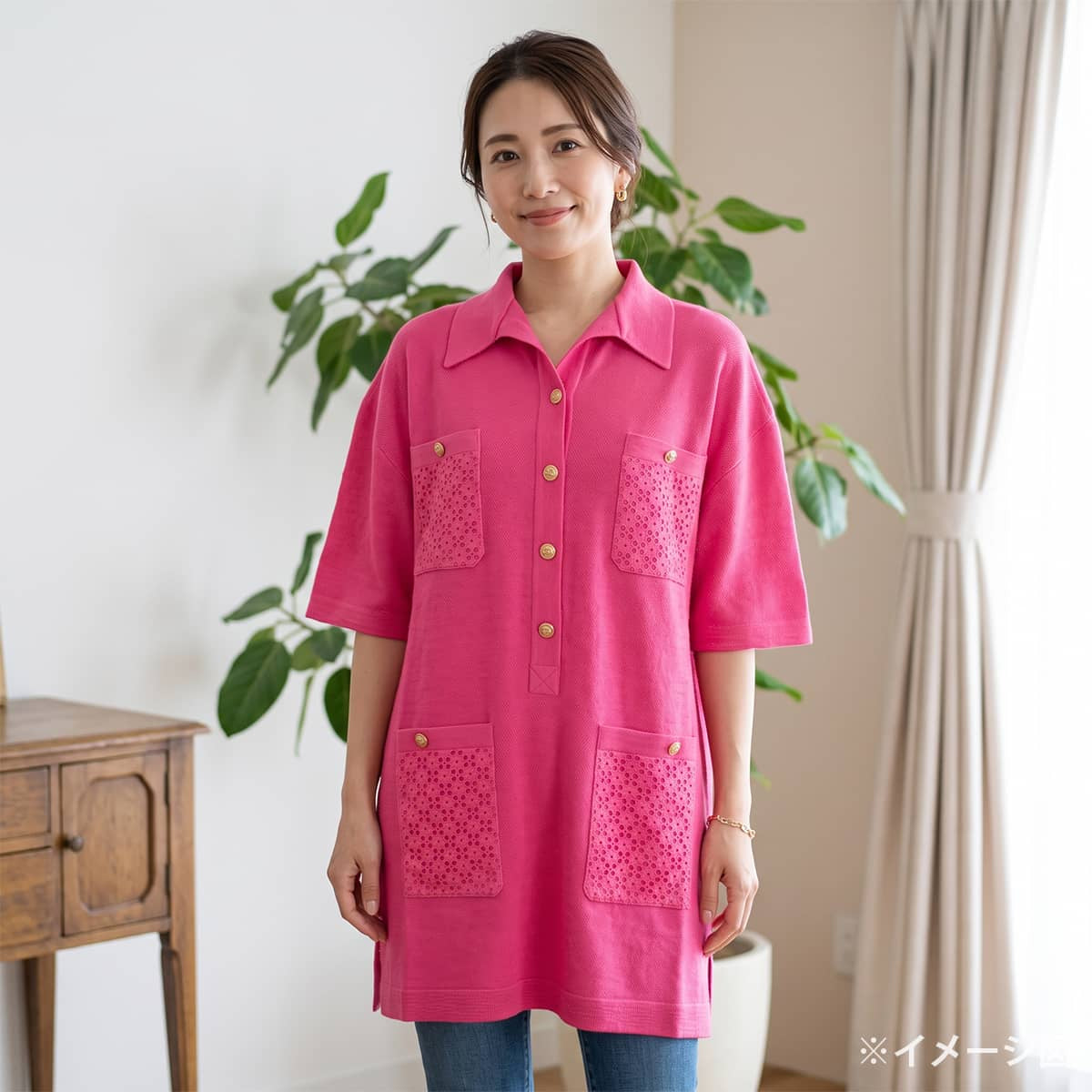 2021SS CHANEL One‐piece dress short-sleeved tunic dress COCO Mark logo buttons lace pockets Pink Viscose/Nylon/Polyurethane #42 Gold HW P70430[EXCELLENT][Authentic]