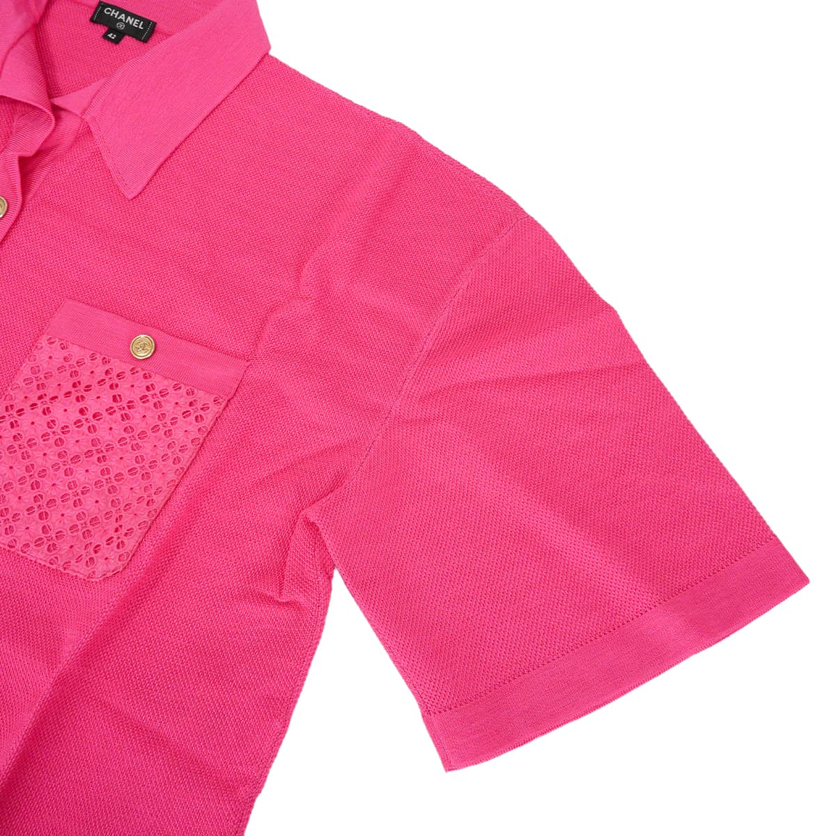 2021SS CHANEL One‐piece dress short-sleeved tunic dress COCO Mark logo buttons lace pockets Pink Viscose/Nylon/Polyurethane #42 Gold HW P70430[EXCELLENT][Authentic]
