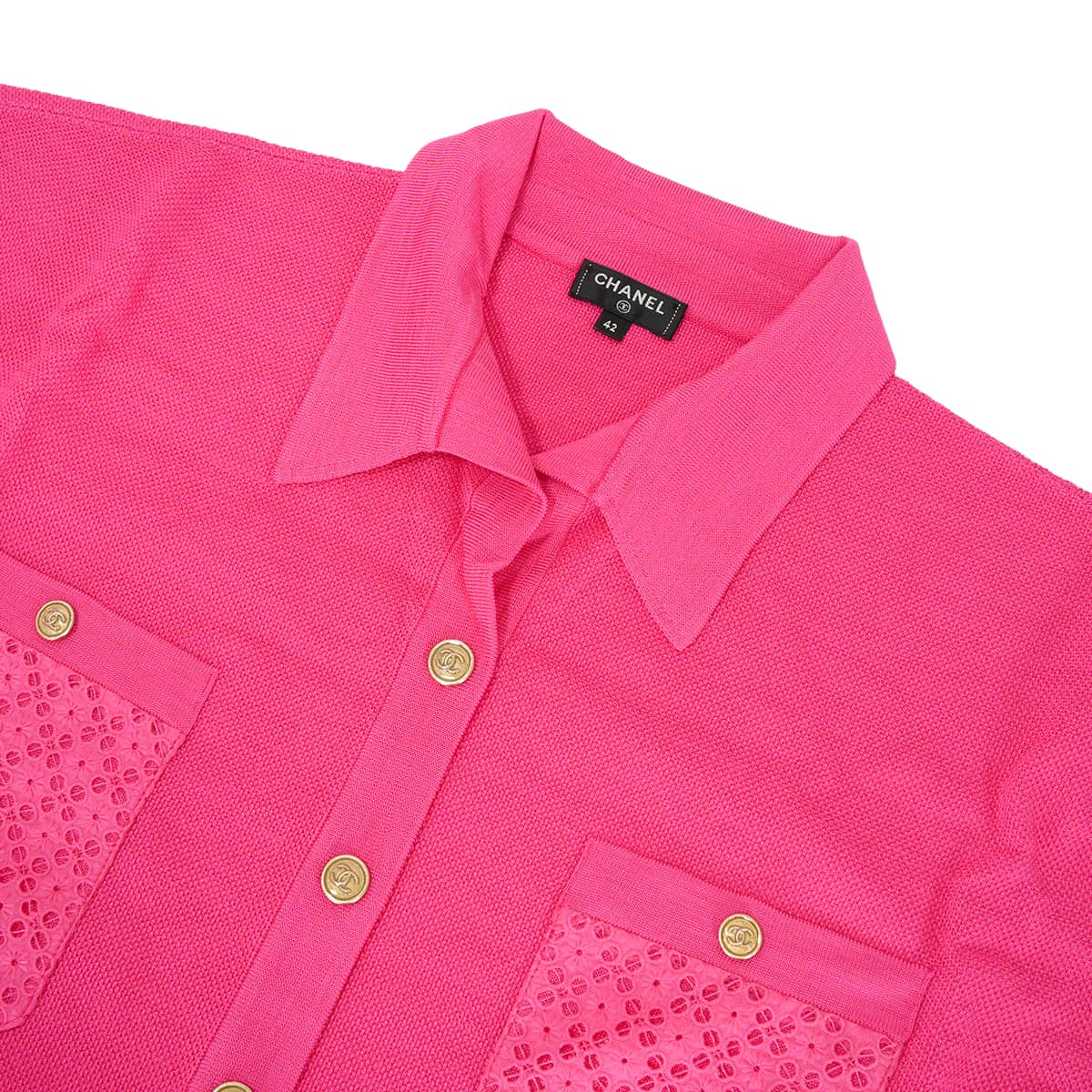 2021SS CHANEL One‐piece dress short-sleeved tunic dress COCO Mark logo buttons lace pockets Pink Viscose/Nylon/Polyurethane #42 Gold HW P70430[EXCELLENT][Authentic]