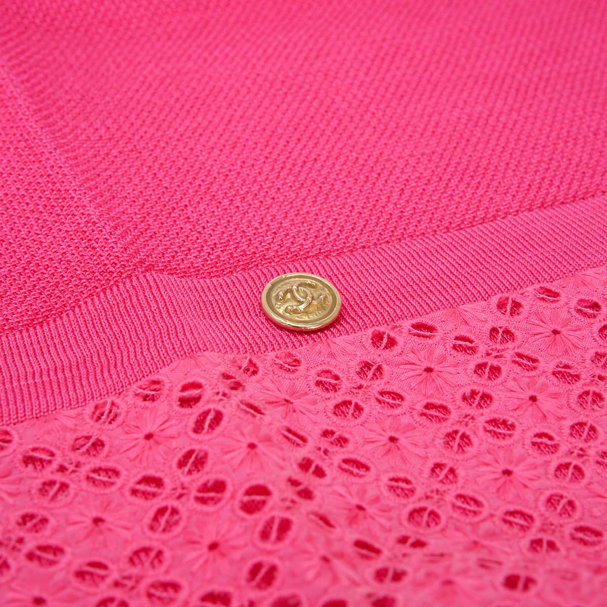 2021SS CHANEL One‐piece dress short-sleeved tunic dress COCO Mark logo buttons lace pockets Pink Viscose/Nylon/Polyurethane #42 Gold HW P70430[EXCELLENT][Authentic]