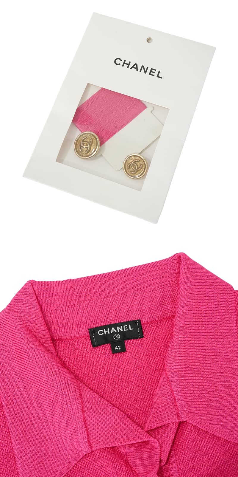 2021SS CHANEL One‐piece dress short-sleeved tunic dress COCO Mark logo buttons lace pockets Pink Viscose/Nylon/Polyurethane #42 Gold HW P70430[EXCELLENT][Authentic]