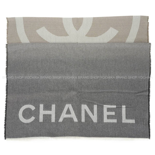 [Pre-loved] CHANEL Stall Large Logo & COCO Mark Big Fringe BeigeCharcoal Cashmere[LIKE NEW][Authentic]