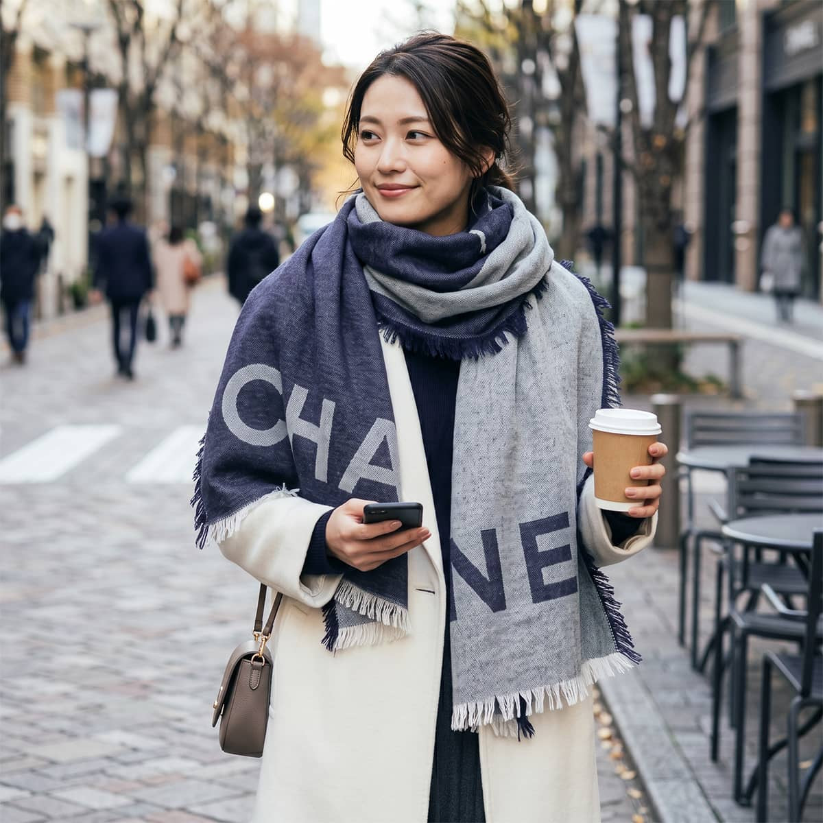 [Pre-loved] CHANEL Stall Large COCO Mark Navy Cashmere/Silk[LIKE NEW][Authentic]