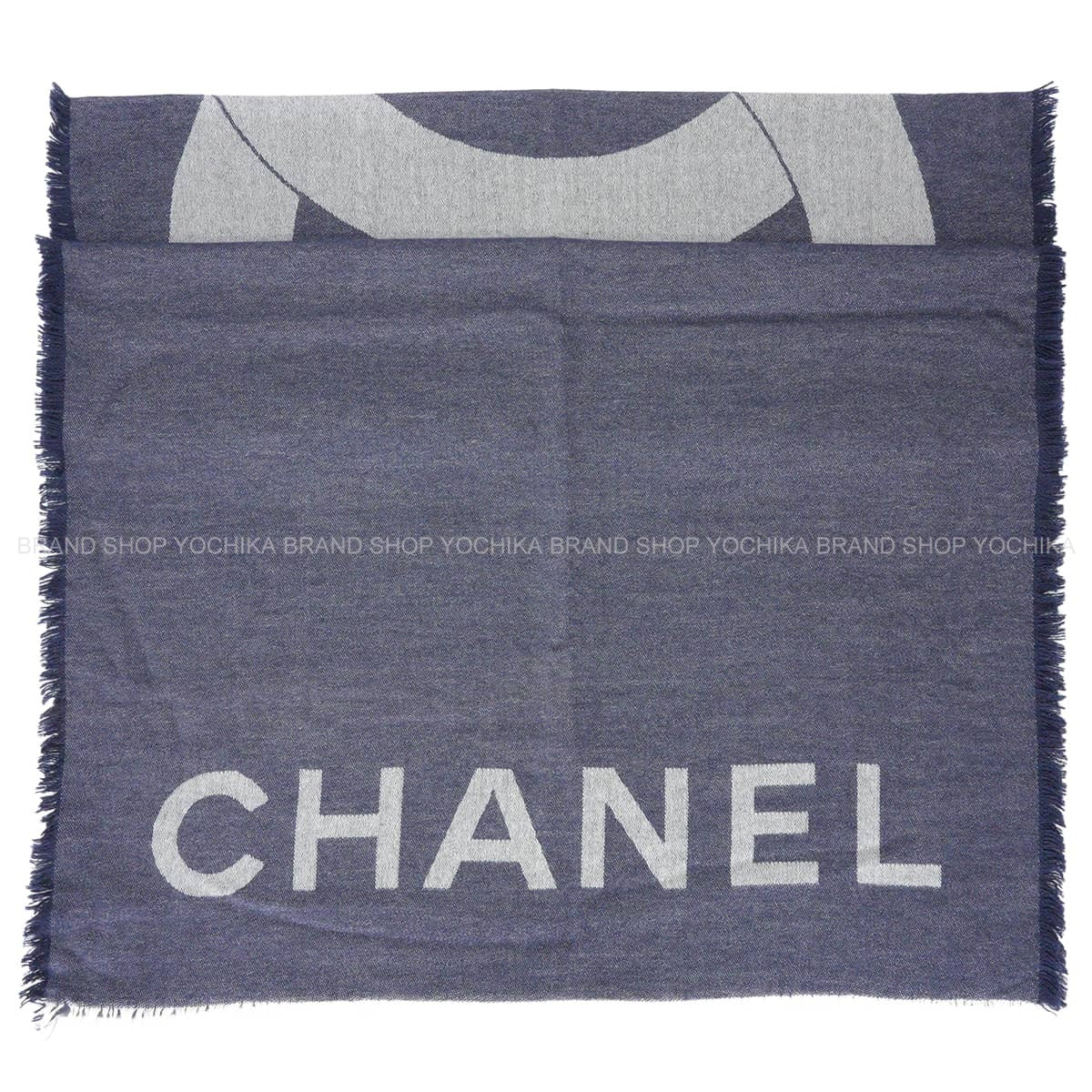 [Pre-loved] CHANEL Stall Large COCO Mark Navy Cashmere/Silk[LIKE NEW][Authentic]
