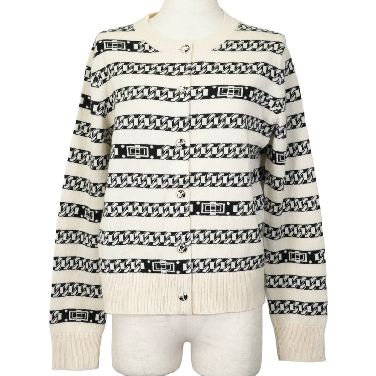 [Pre-loved] 2017SS CHANEL Cardigan Long-sleeved chain jacquard stripes COCO Mark buttonsOff-white/Black Cashmere #44 Silver HW P56113[LIKE NEW][Authentic]