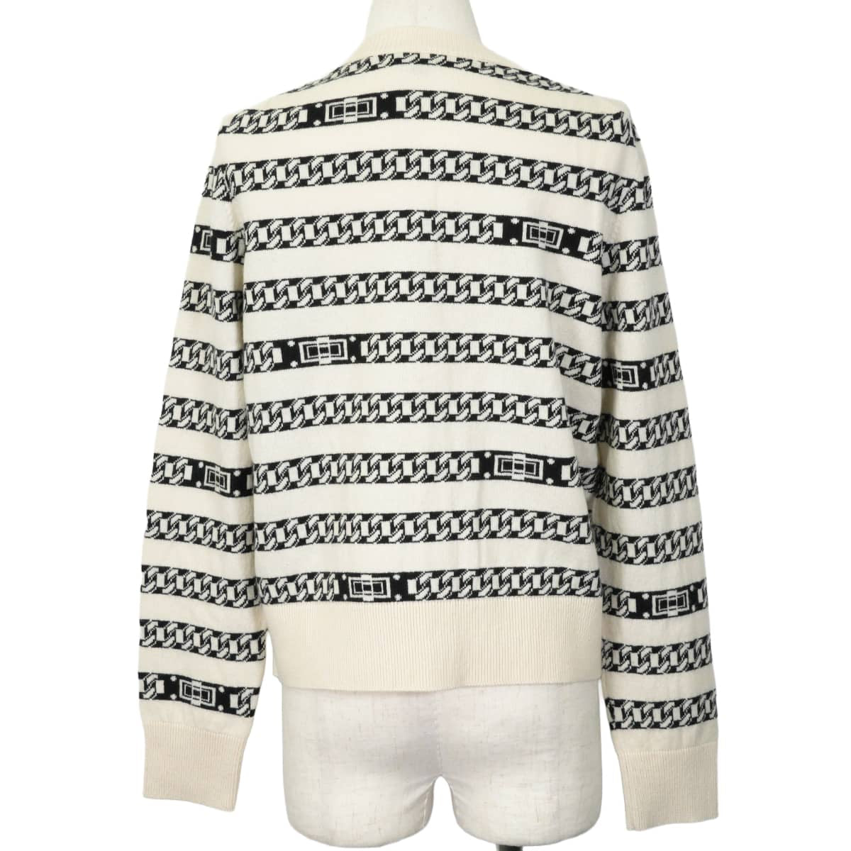 [Pre-loved] 2017SS CHANEL Cardigan Long-sleeved chain jacquard stripes COCO Mark buttonsOff-white/Black Cashmere #44 Silver HW P56113[LIKE NEW][Authentic]