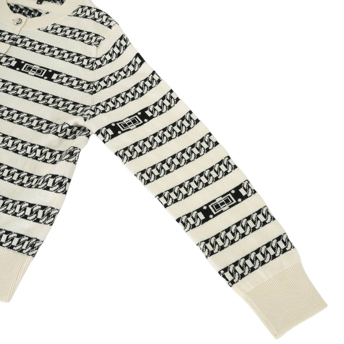 [Pre-loved] 2017SS CHANEL Cardigan Long-sleeved chain jacquard stripes COCO Mark buttonsOff-white/Black Cashmere #44 Silver HW P56113[LIKE NEW][Authentic]
