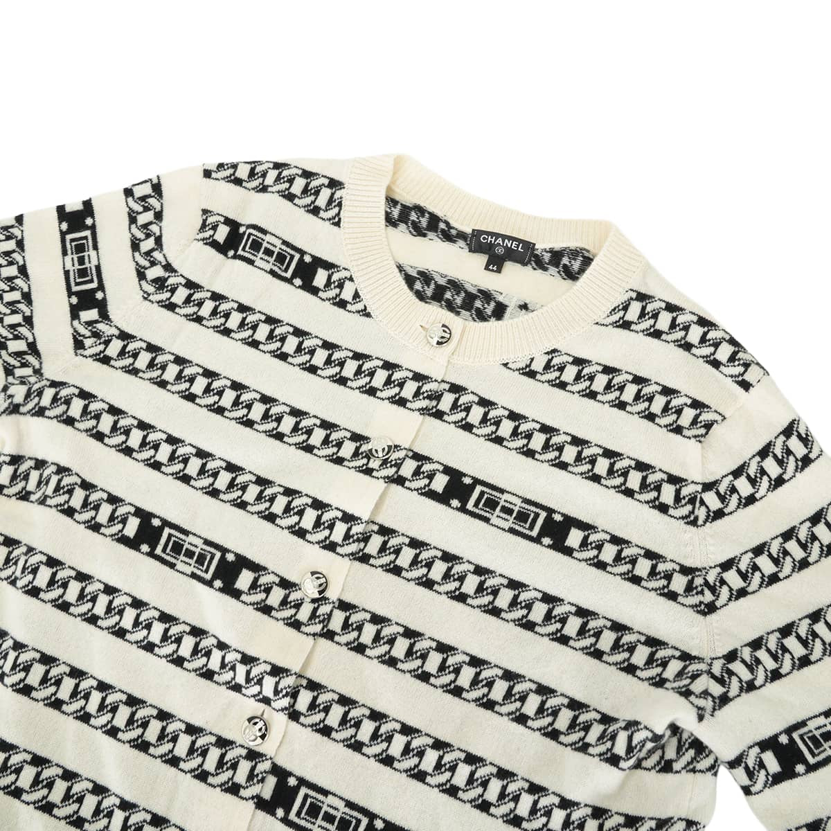 [Pre-loved] 2017SS CHANEL Cardigan Long-sleeved chain jacquard stripes COCO Mark buttonsOff-white/Black Cashmere #44 Silver HW P56113[LIKE NEW][Authentic]