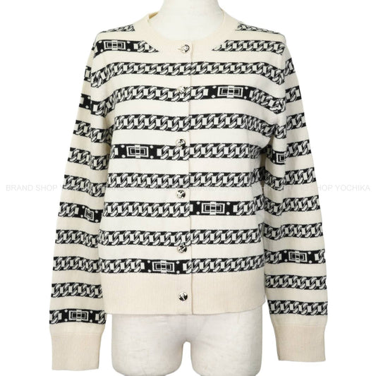 [Pre-loved] 2017SS CHANEL Cardigan Long-sleeved chain jacquard stripes COCO Mark buttonsOff-white/Black Cashmere #44 Silver HW P56113[LIKE NEW][Authentic]