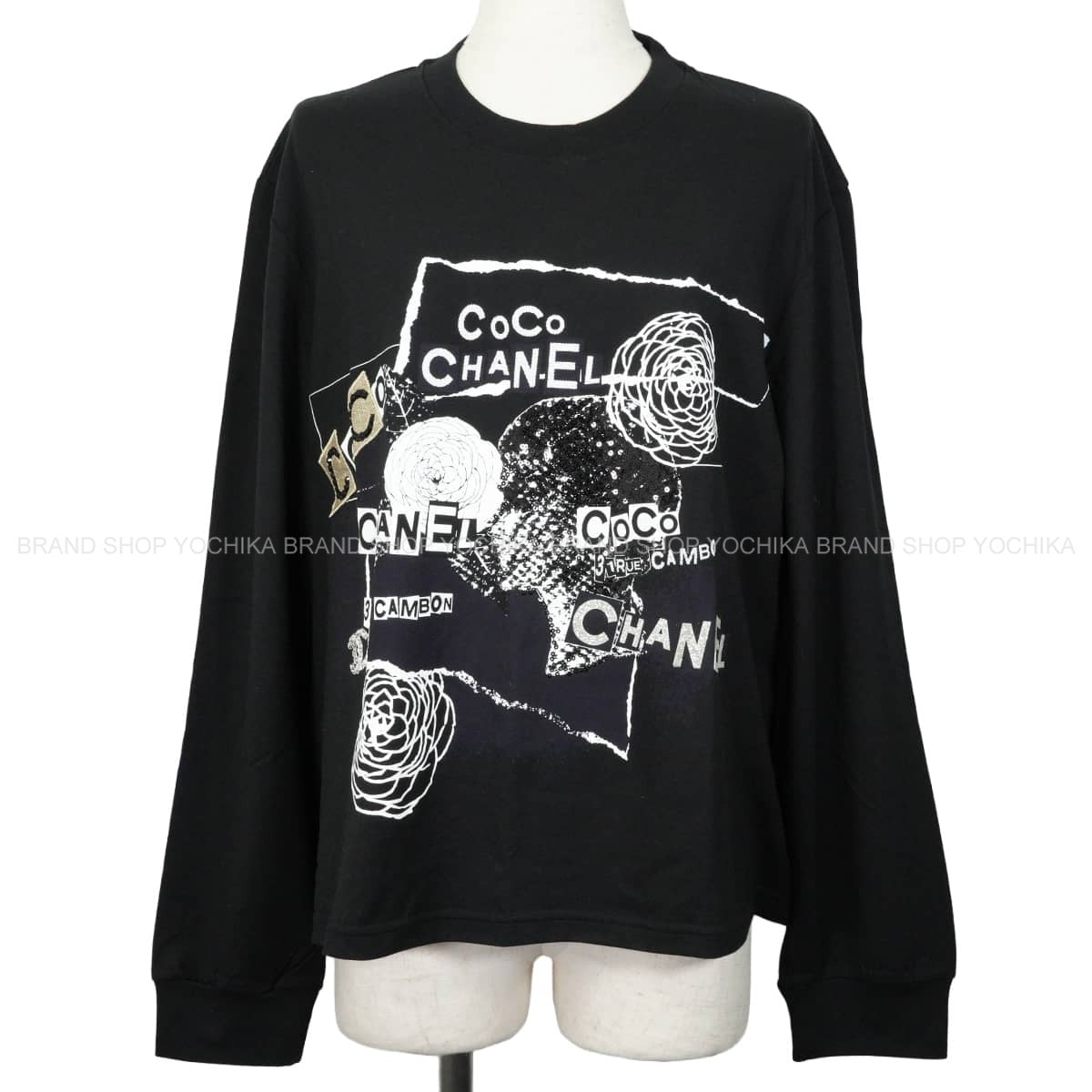 2020SS Pre-Collection CHANEL Long sleeve t-shirt Sweatshirt logo camellia sequins COCO Mark Noir (Black)/Blanc (White) Cotton #XL P63300[EXCELLENT][Authentic]