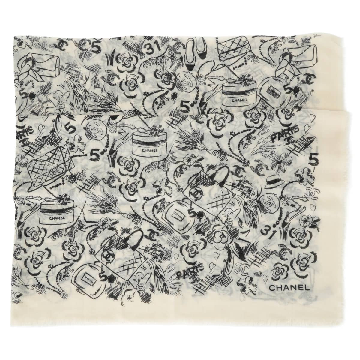 2022AW CHANEL Stall Camellia COCO Mark Icon Fashion Print Ivory/Noir (Black) Cashmere[EXCELLENT][Authentic]