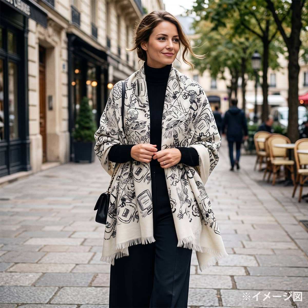 2022AW CHANEL Stall Camellia COCO Mark Icon Fashion Print Ivory/Noir (Black) Cashmere[EXCELLENT][Authentic]
