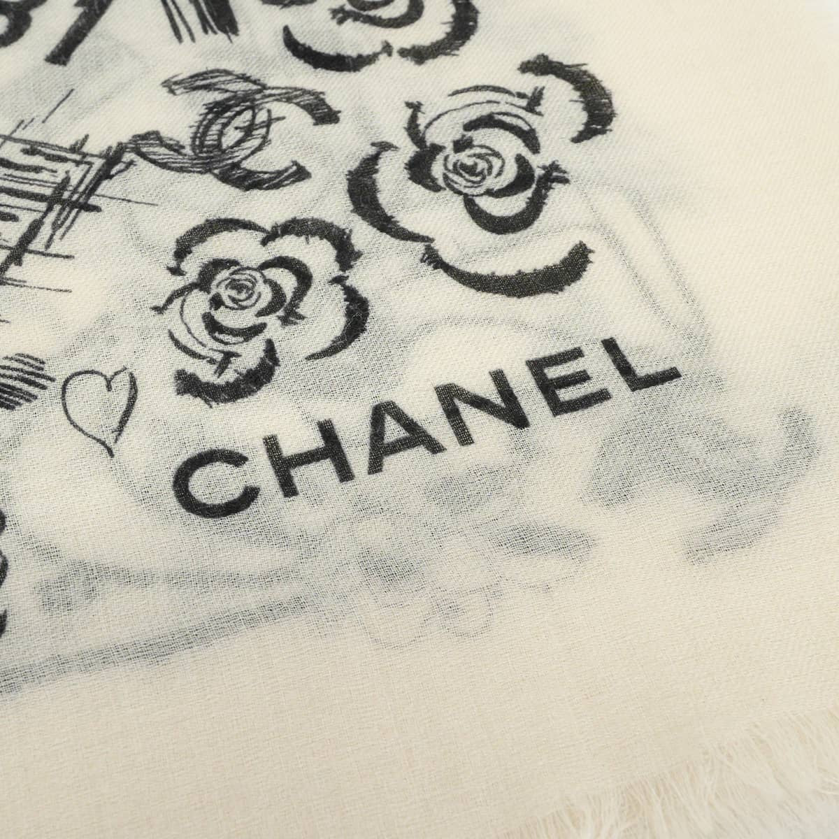 2022AW CHANEL Stall Camellia COCO Mark Icon Fashion Print Ivory/Noir (Black) Cashmere[EXCELLENT][Authentic]