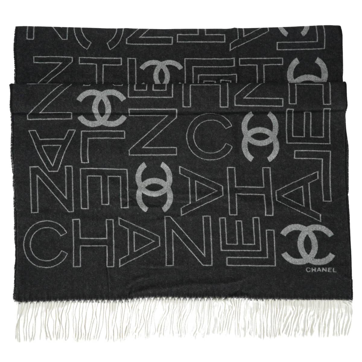 2023AW CHANEL Stall Large COCO Mark logo fringe Noir (Black)/Grey/Blanc (White) Cashmere/Wool[EXCELLENT][Authentic]