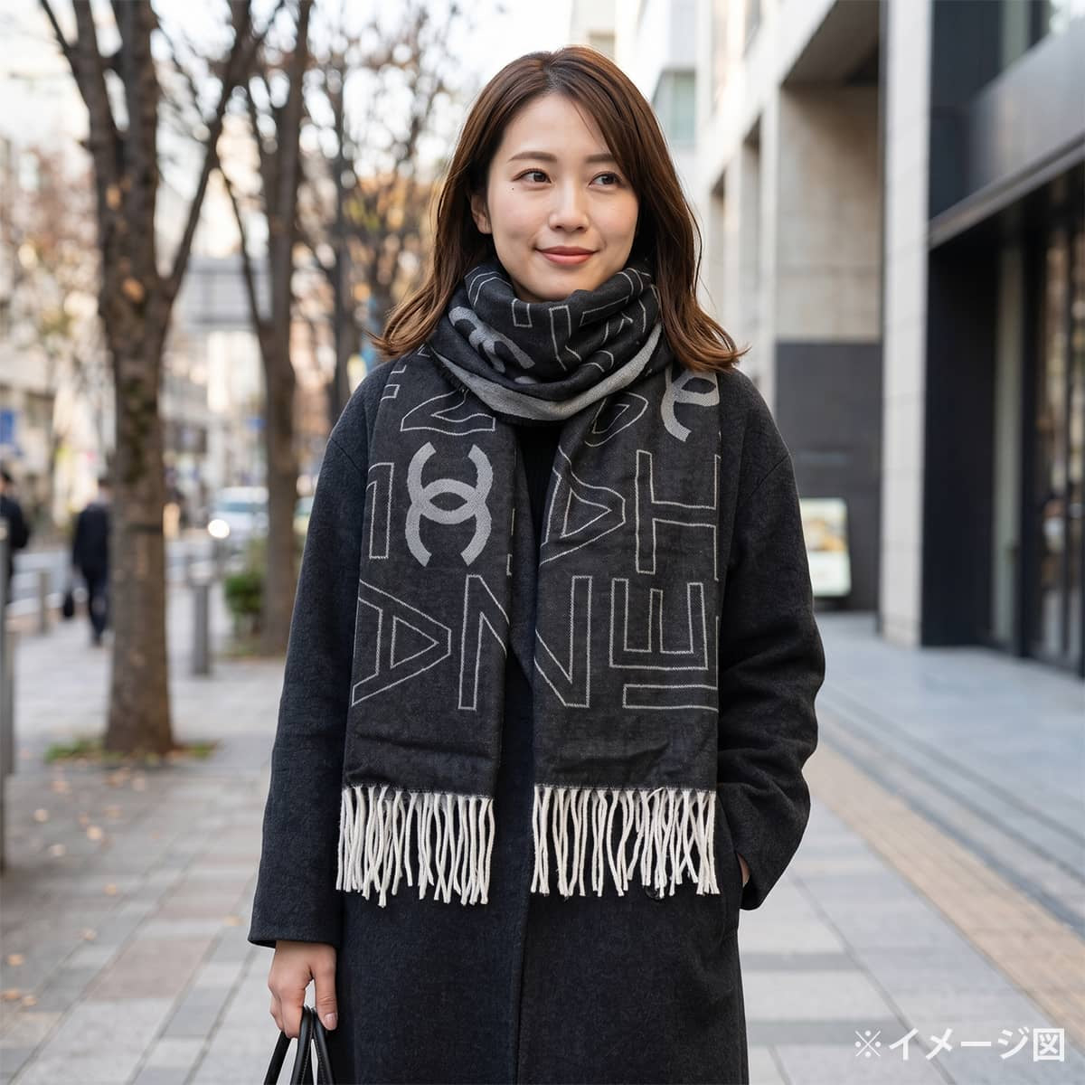 2023AW CHANEL Stall Large COCO Mark logo fringe Noir (Black)/Grey/Blanc (White) Cashmere/Wool[EXCELLENT][Authentic]