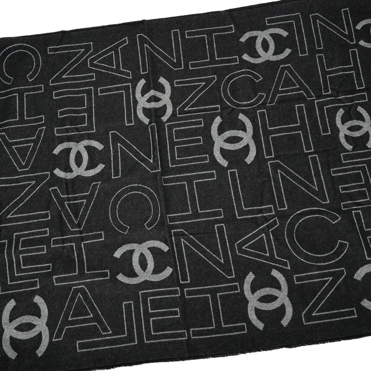 2023AW CHANEL Stall Large COCO Mark logo fringe Noir (Black)/Grey/Blanc (White) Cashmere/Wool[EXCELLENT][Authentic]