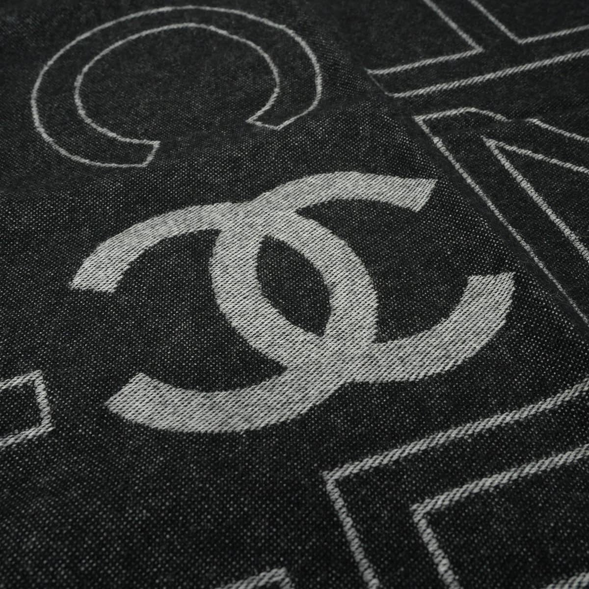 2023AW CHANEL Stall Large COCO Mark logo fringe Noir (Black)/Grey/Blanc (White) Cashmere/Wool[EXCELLENT][Authentic]