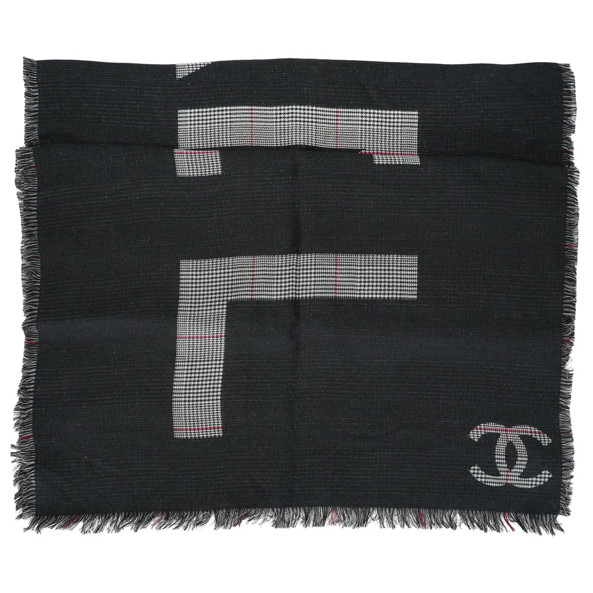 CHANEL Stall Logo COCO Mark Houndstooth pattern Check Fringe Noir (Black)/Grey/Blanc (White)/red Silk/Cashmere[EXCELLENT][Authentic]